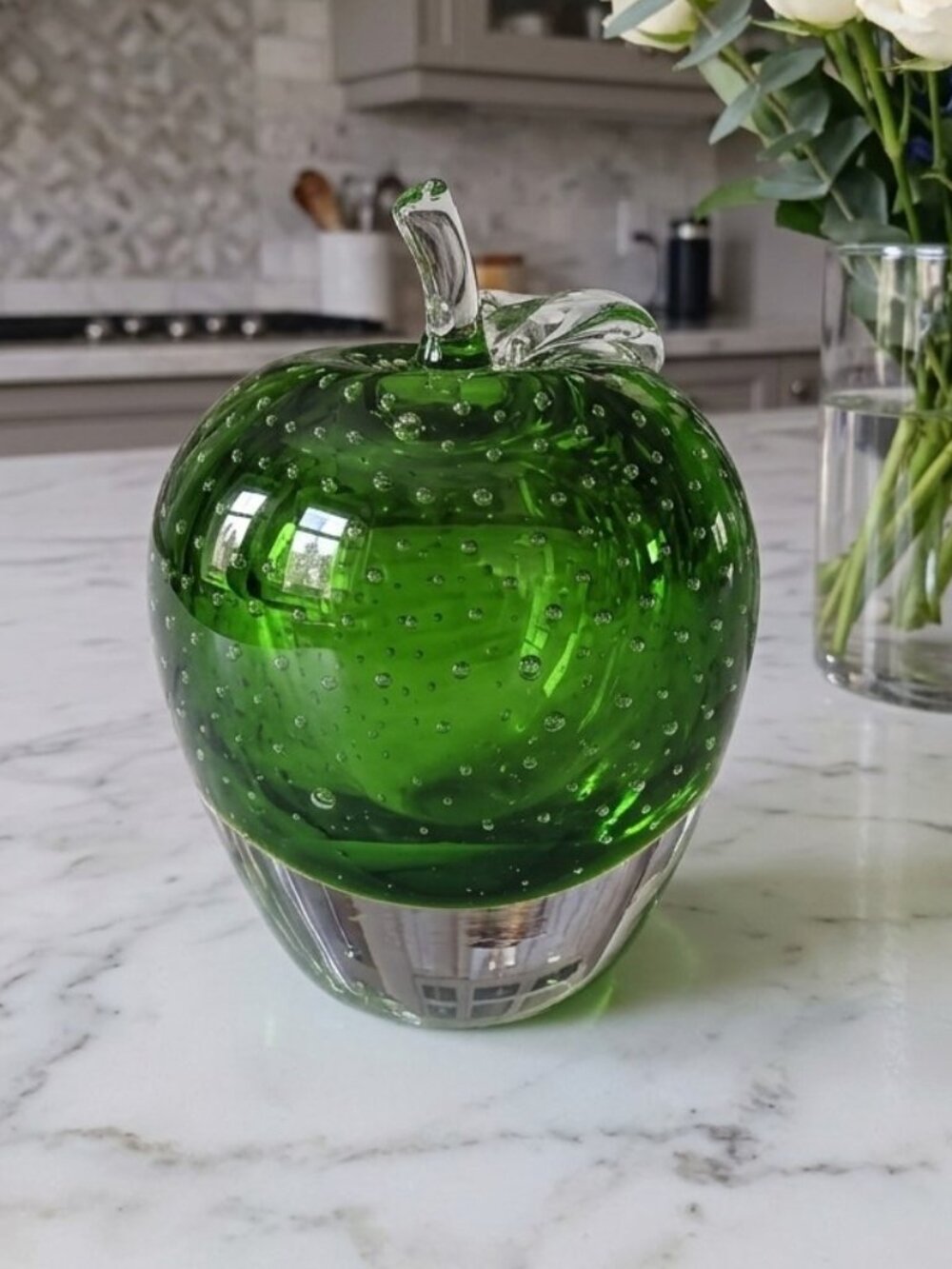 Vintage Green Art Glass Apple Murano Style Paperweight Bullicante Bubbles